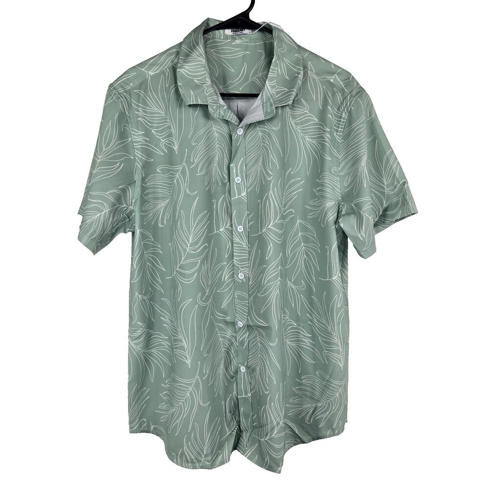 Coofandy Men's Size Large Green White Tropical Short Sleeve Button Up Shirt NWT
